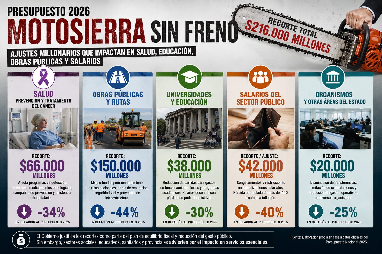 “Motosierra total”: el Gobierno recortó otros $2,5 billones del Presupuesto 2026 y profundiza el ajuste en salud, educación, rutas y subsidios